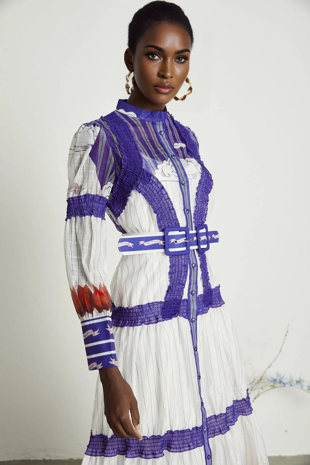 Eliza Midi Dress - Round Neck - Long Sleeves - Pattern - Belted Waist