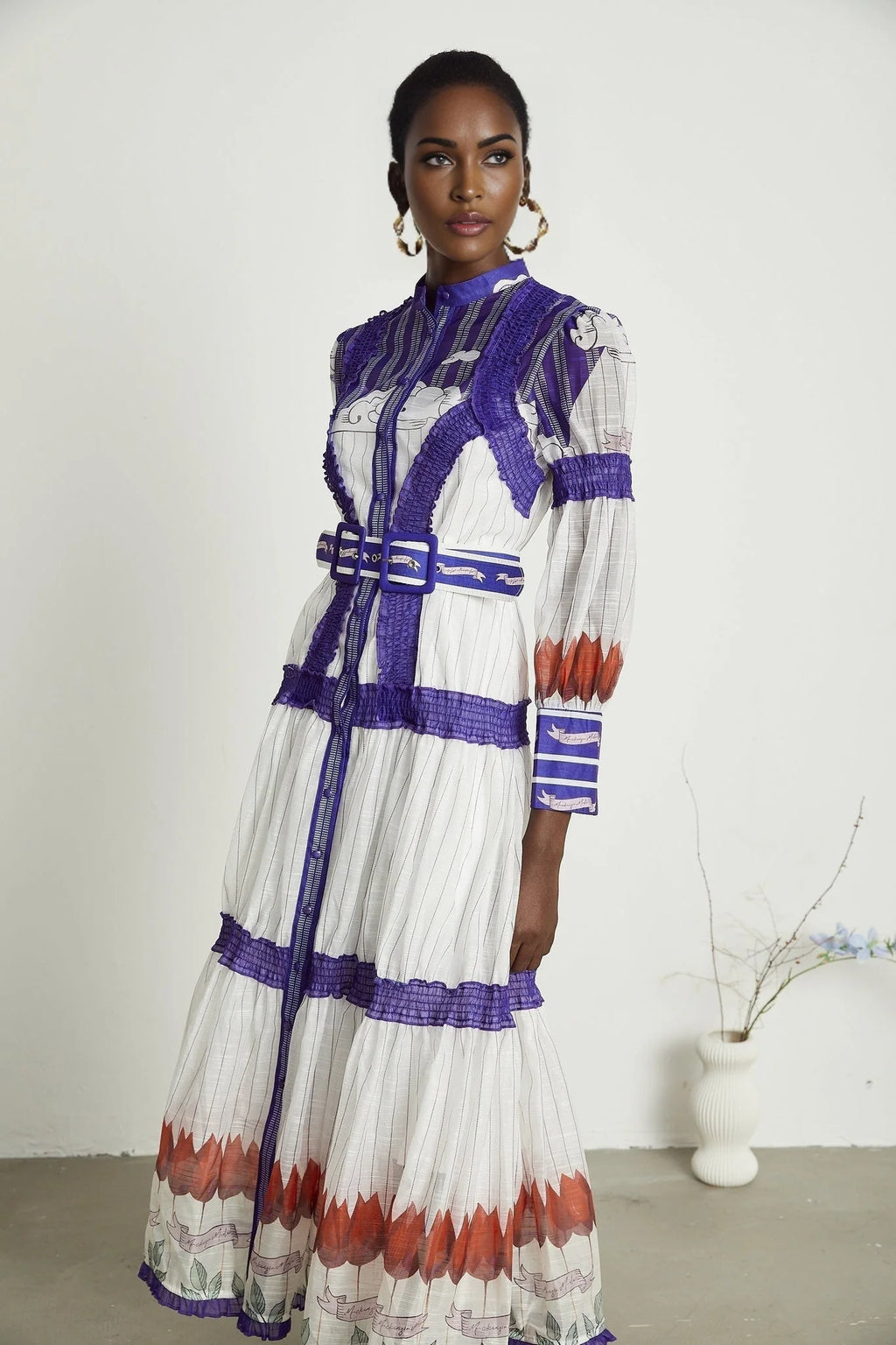 Eliza Midi Dress - Round Neck - Long Sleeves - Pattern - Belted Waist