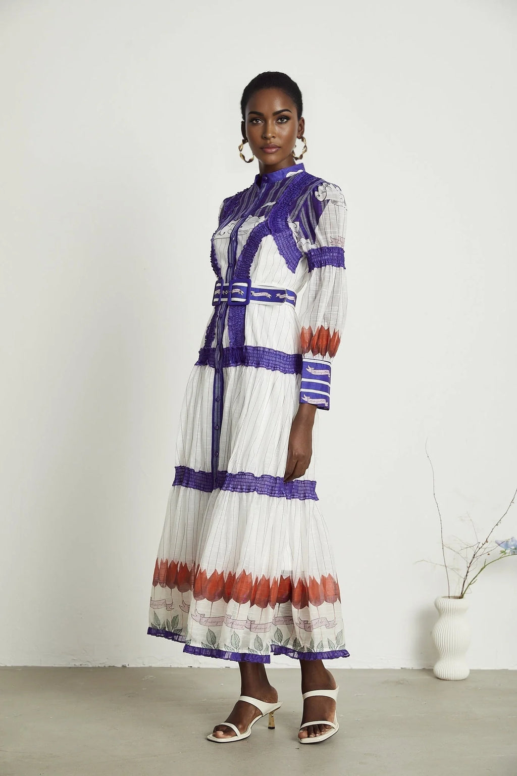 Eliza Midi Dress - Round Neck - Long Sleeves - Pattern - Belted Waist