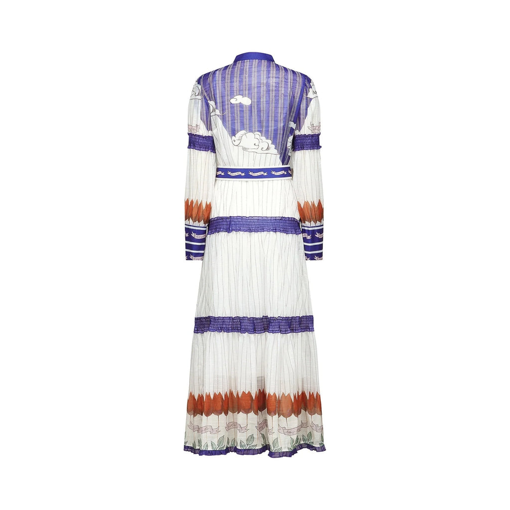 Eliza Midi Dress - Round Neck - Long Sleeves - Pattern - Belted Waist