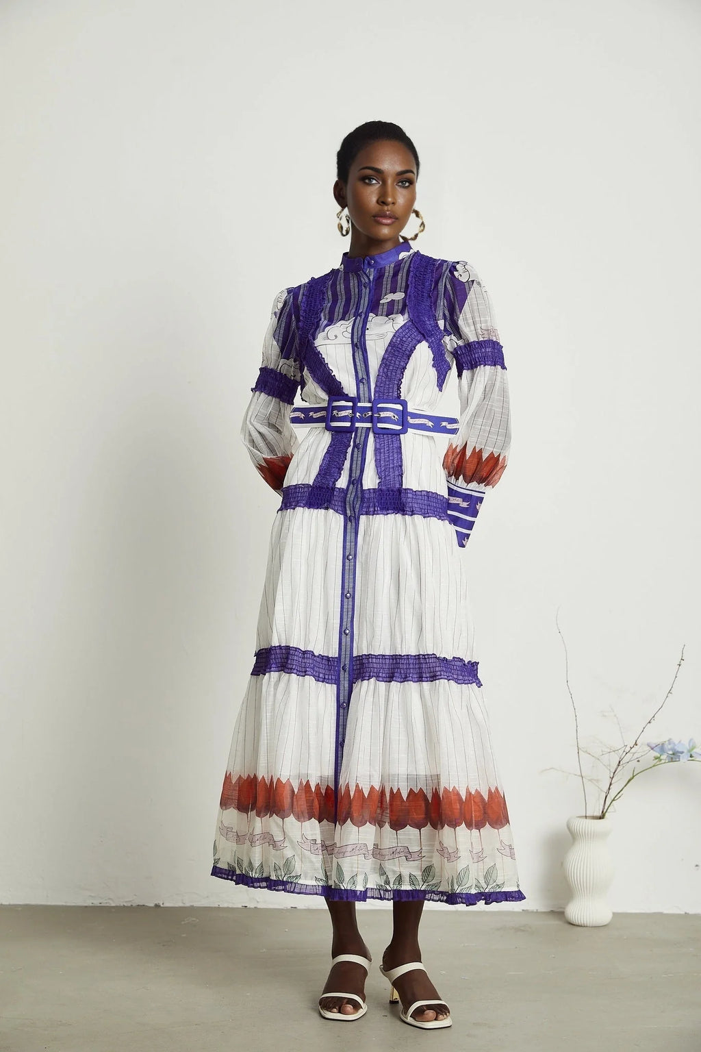 Eliza Midi Dress - Round Neck - Long Sleeves - Pattern - Belted Waist