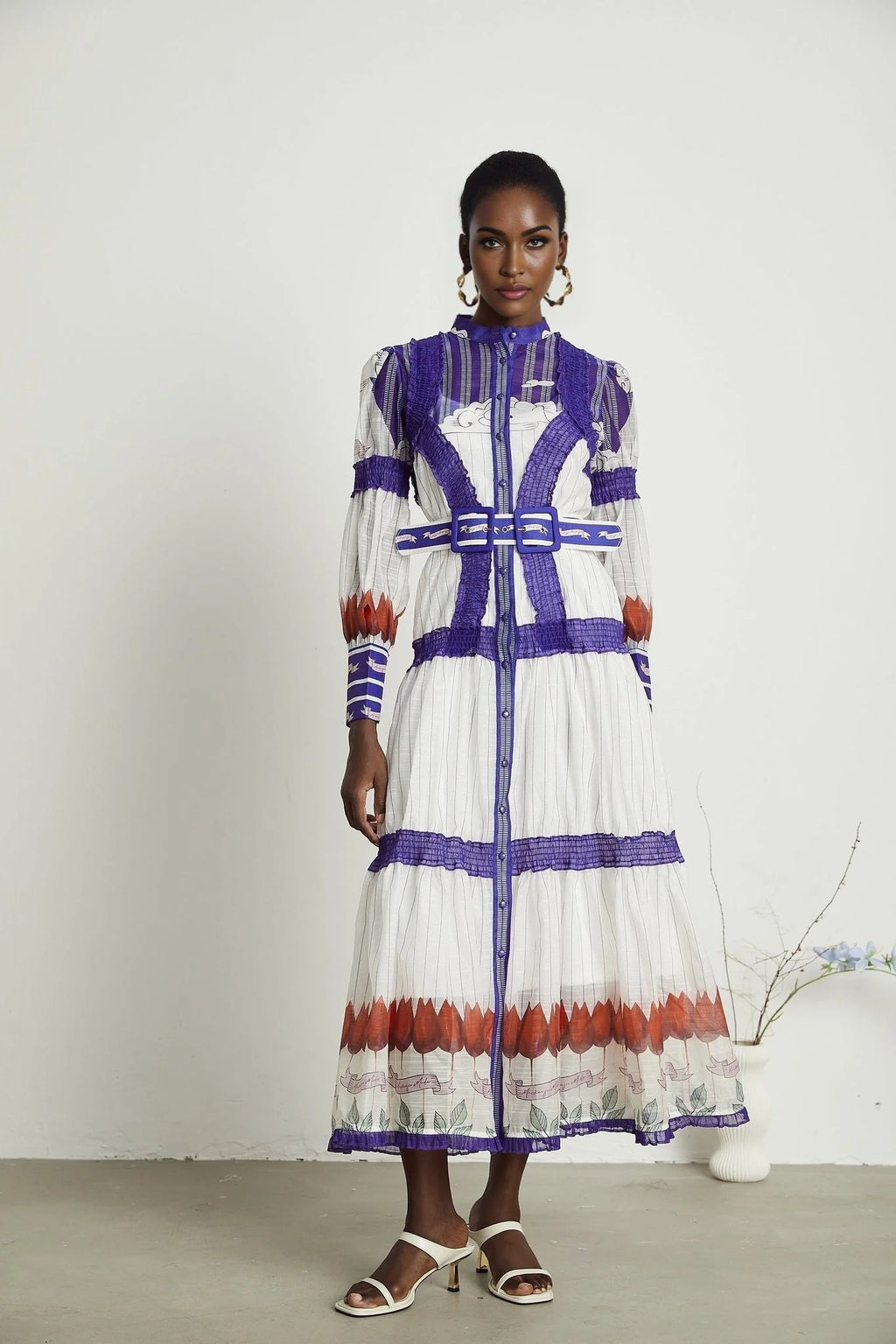 Eliza Midi Dress - Round Neck - Long Sleeves - Pattern - Belted Waist