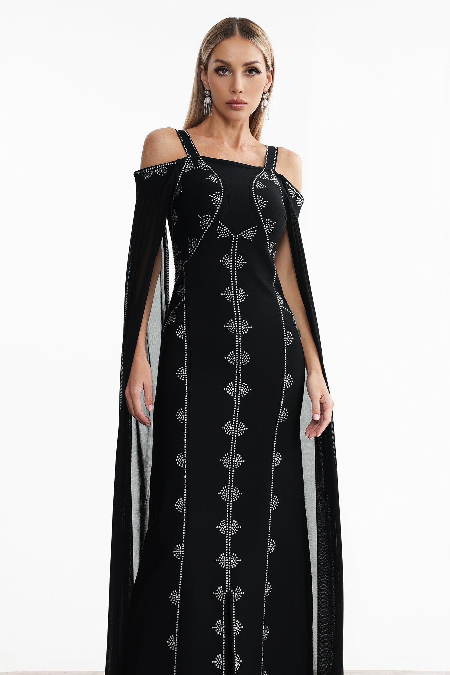 Elizabeth Black Rhinestone Detail Off-Shoulder Dress