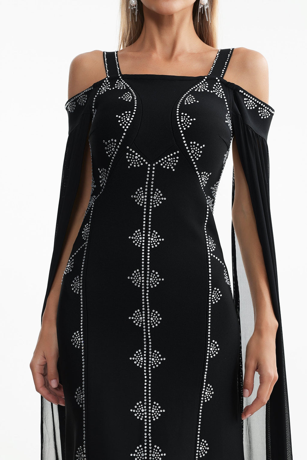 Elizabeth Black Rhinestone Detail Off-Shoulder Evening Dress