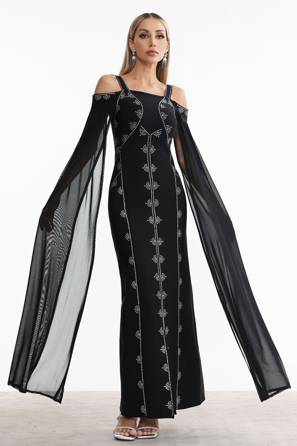 Elizabeth Black Rhinestone Detailing Off-Shoulder Dress