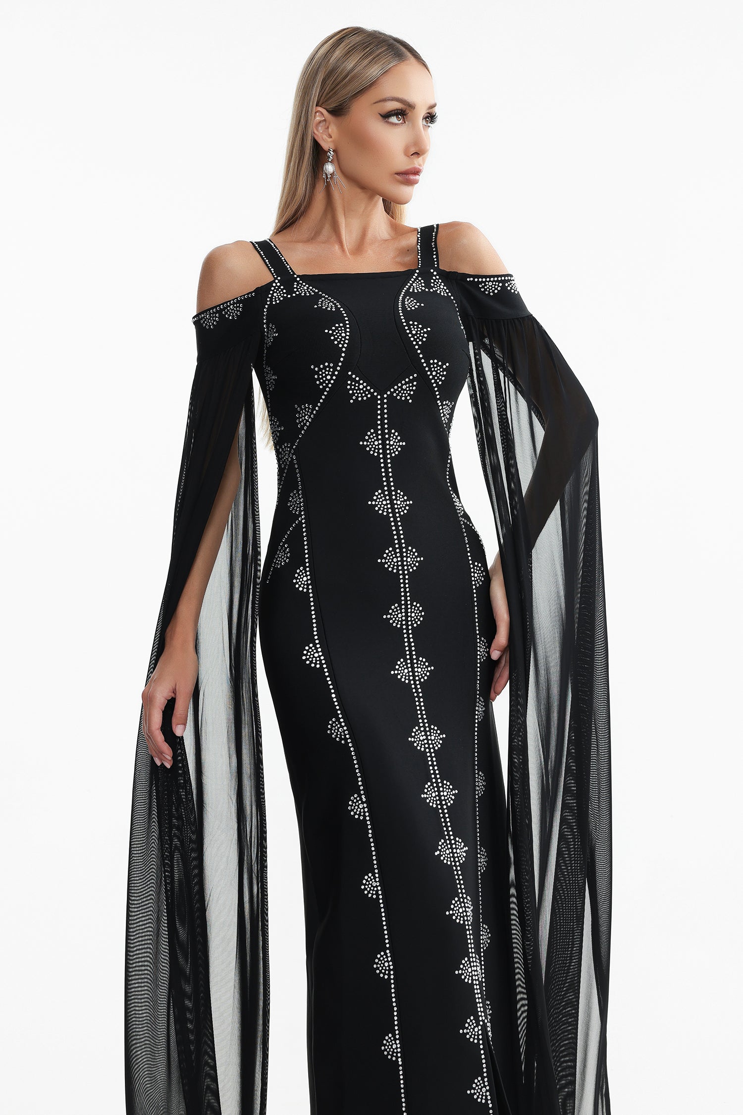 Elizabeth Black Rhinestone Off-Shoulder Dress