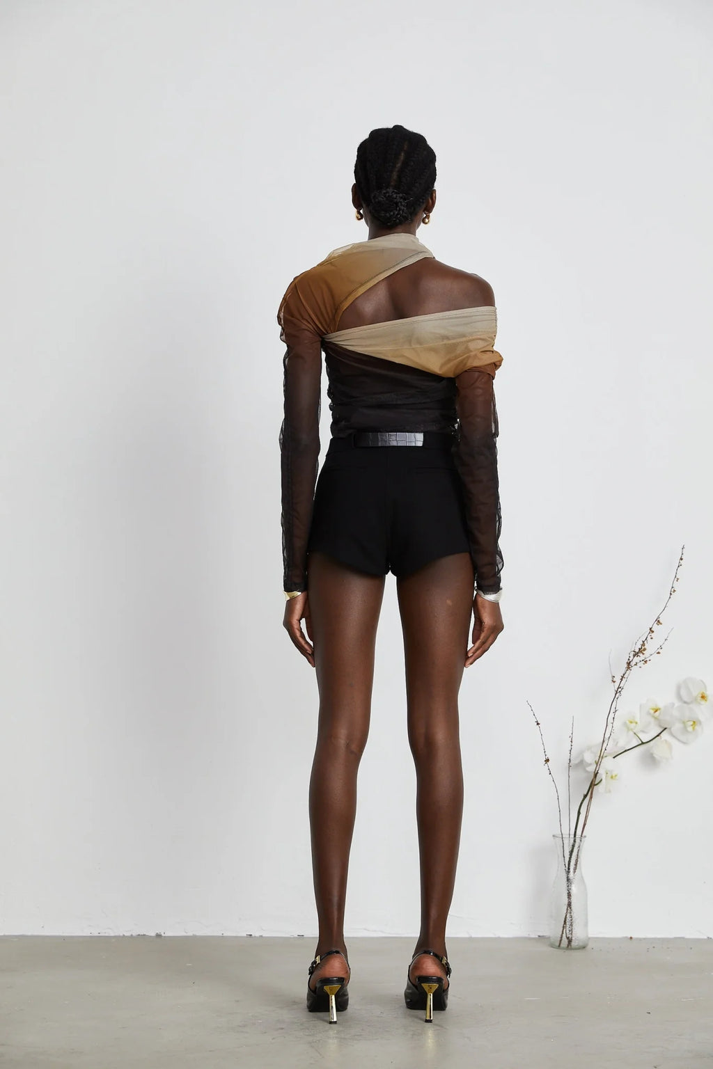 Elizabeth Bodysuit - Long Sleeves - High Neck - Pleats and Cut - Out Design - Gradient Effect