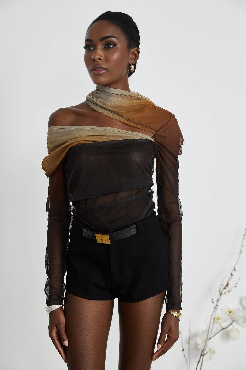 Elizabeth Bodysuit - Long Sleeves - High Neck - Pleats and Cut - Out Design - Gradient Effect