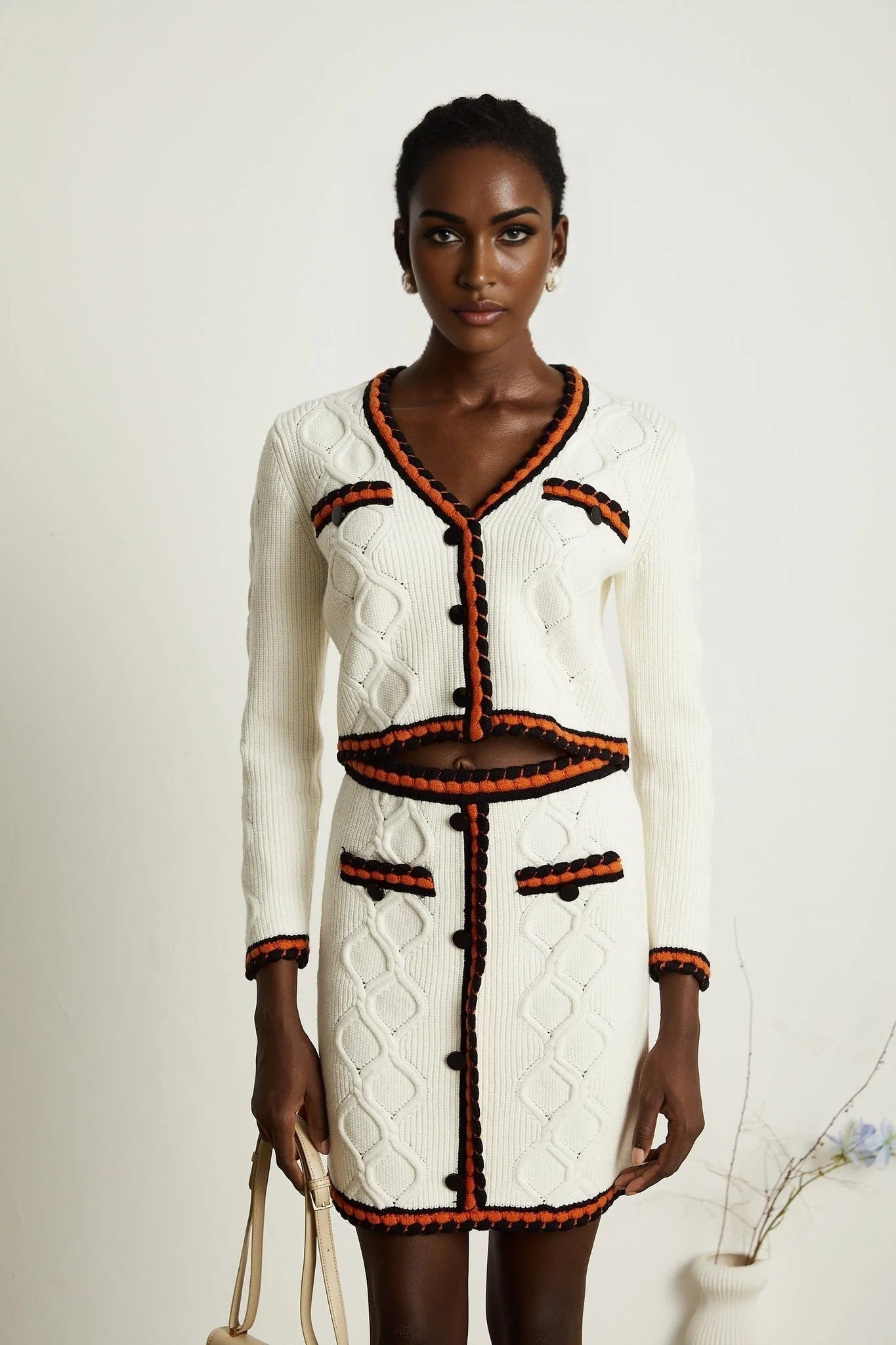 Elizabeth Cardigan & Skirt - V Neck - Long Sleeves - Knitted Construction - Contrasting Trim