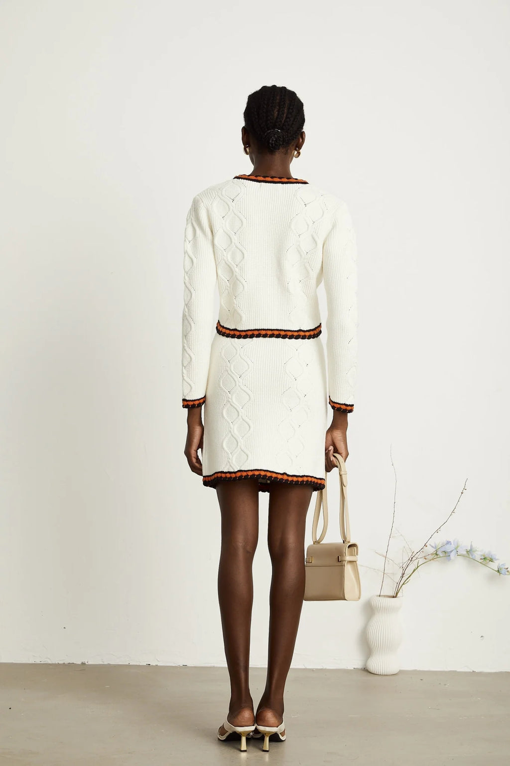 Elizabeth Cardigan & Skirt - V Neck - Long Sleeves - Knitted Construction - Contrasting Trim