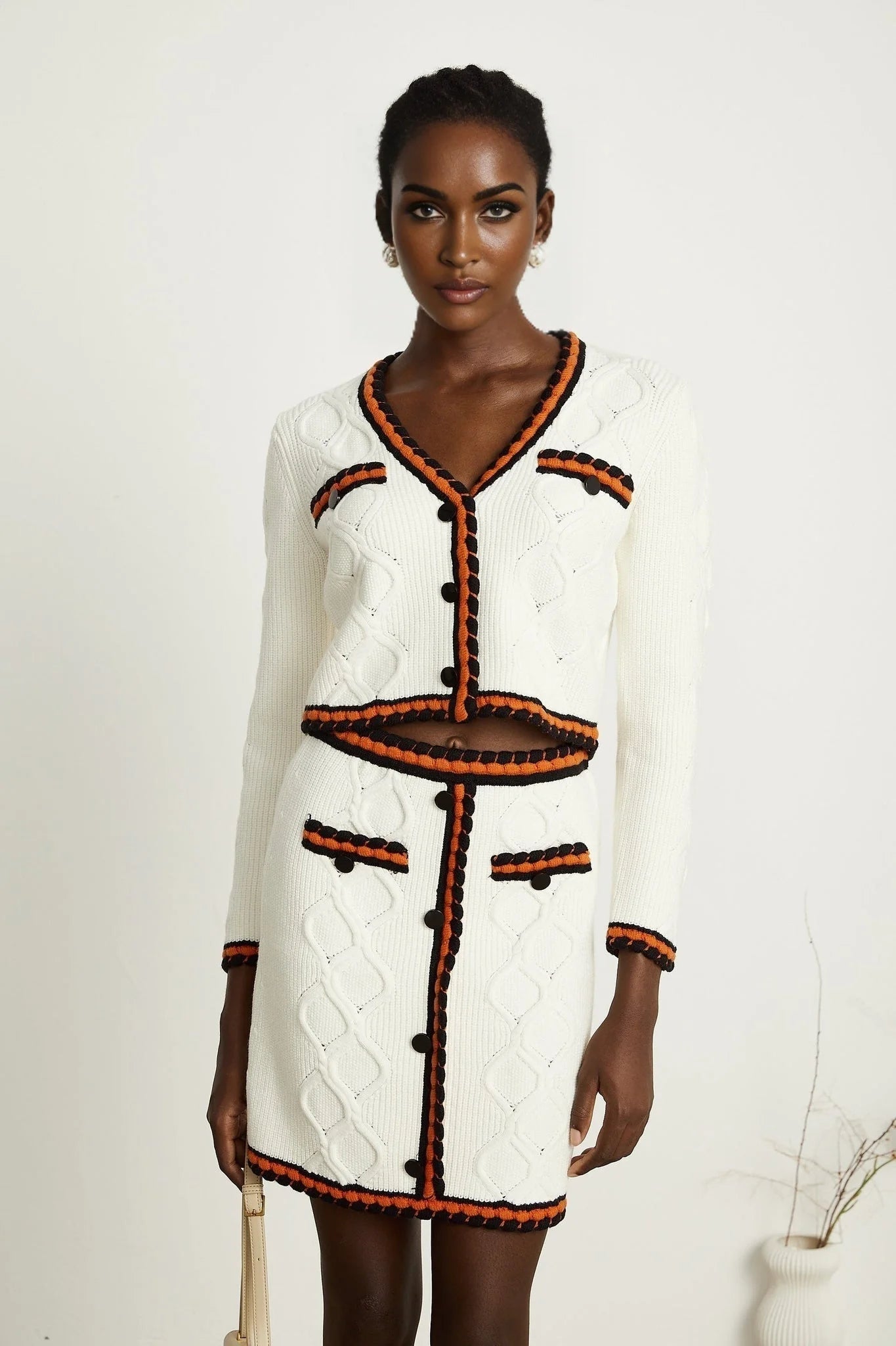 Elizabeth Cardigan & Skirt - V Neck - Long Sleeves - Knitted Construction - Contrasting Trim
