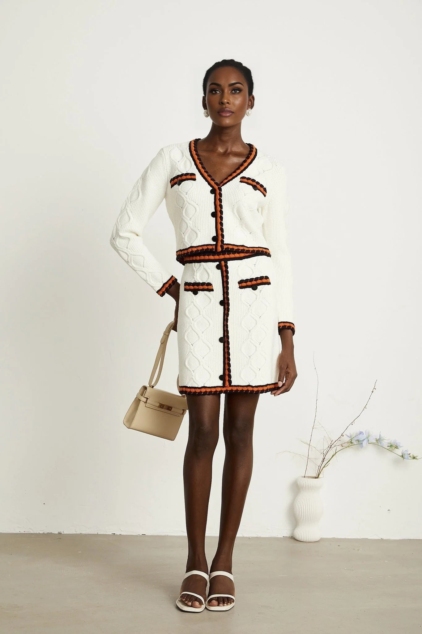 Elizabeth Cardigan & Skirt - V Neck - Long Sleeves - Knitted Construction - Contrasting Trim