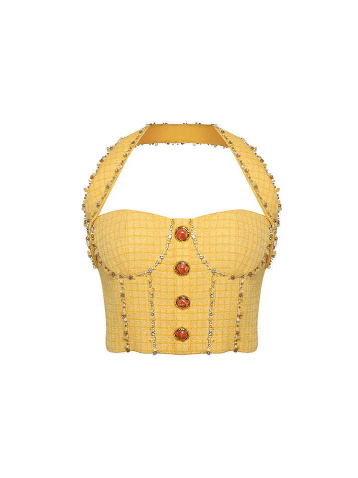 Elizabeth Crop Top – Halter Crop Design – Embellished Tweed Pattern – Decorative Gemstone Buttons – Structured Fit With Boning