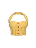 Elizabeth Crop Top – Halter Crop Design – Embellished Tweed Pattern – Decorative Gemstone Buttons – Structured Fit With Boning