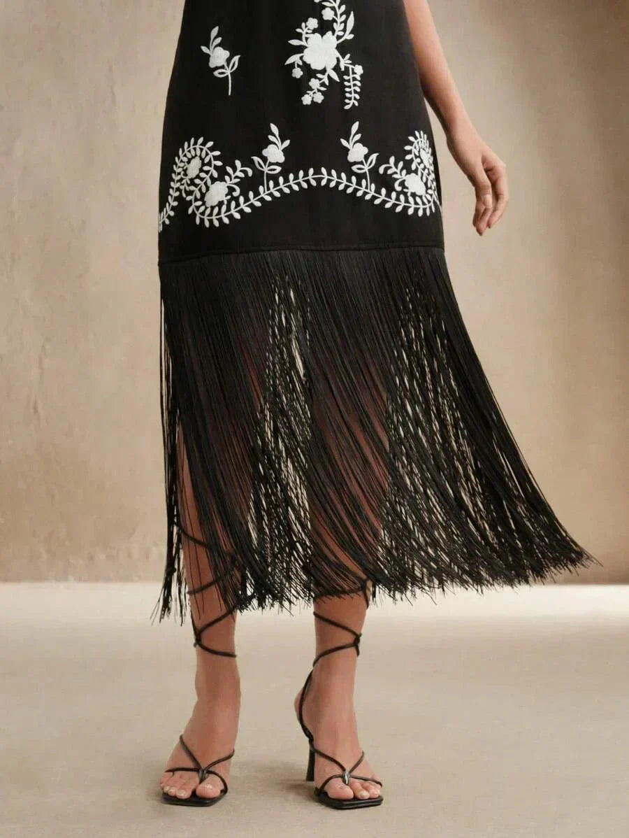 Elizabeth Midi Dress - Spaghetti Strap - Formal & Evening - Straight Hem - Natural Waist - Plants Print