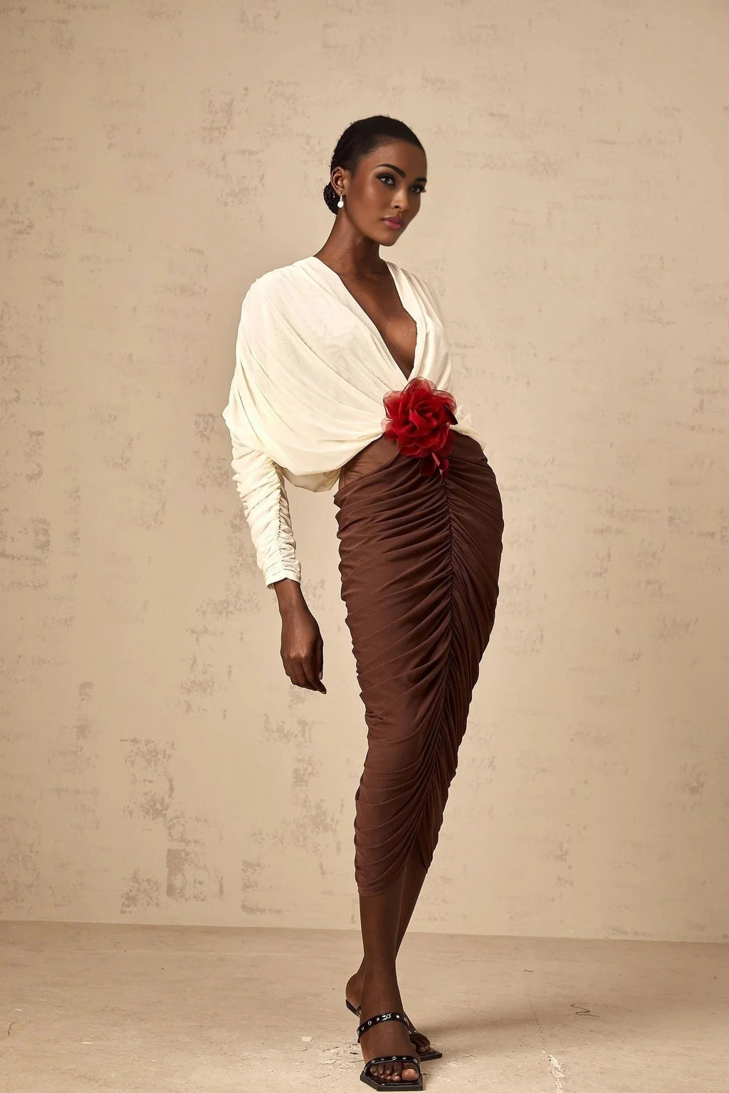 Elizabeth Midi Dress White Red Brown Color Blocked Flower Brooch Ruched