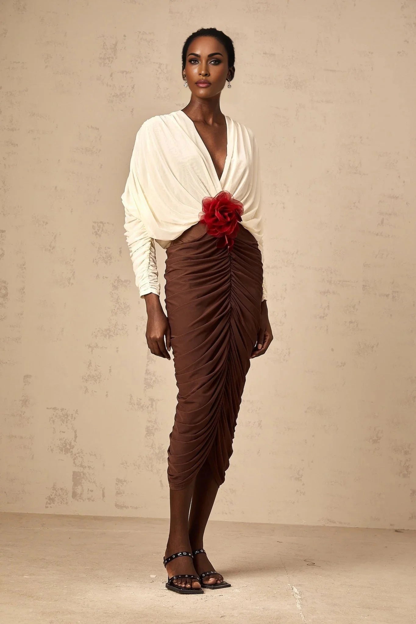 Elizabeth Midi Dress White Red Brown Color Blocked Flower Brooch Ruched