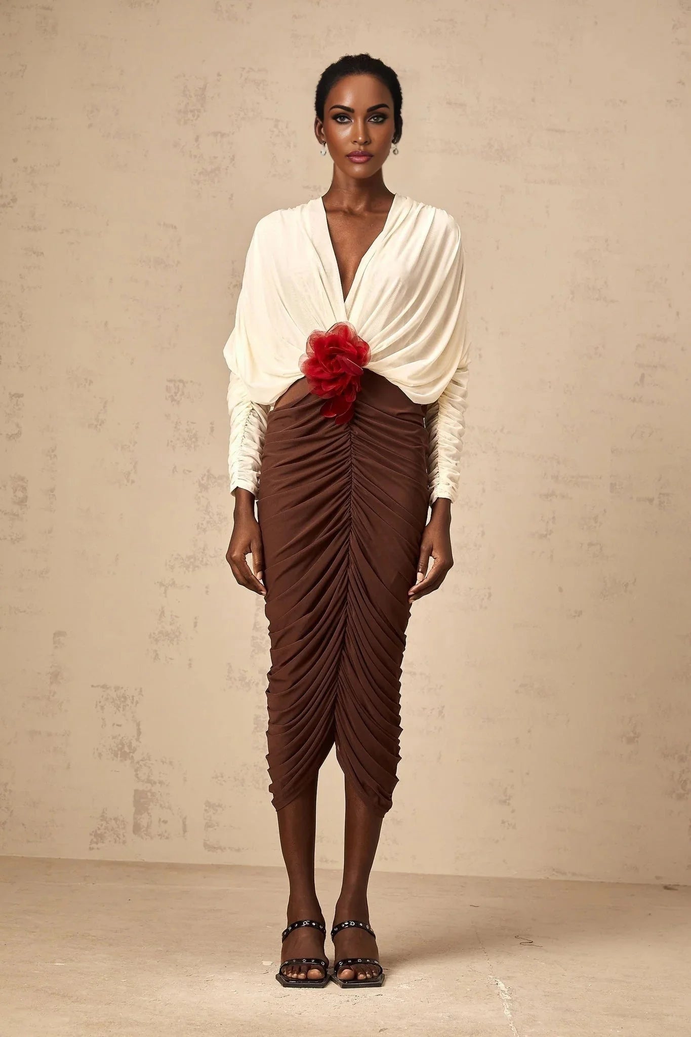 Elizabeth Midi Dress White Red Brown Color Blocked Flower Brooch Ruched