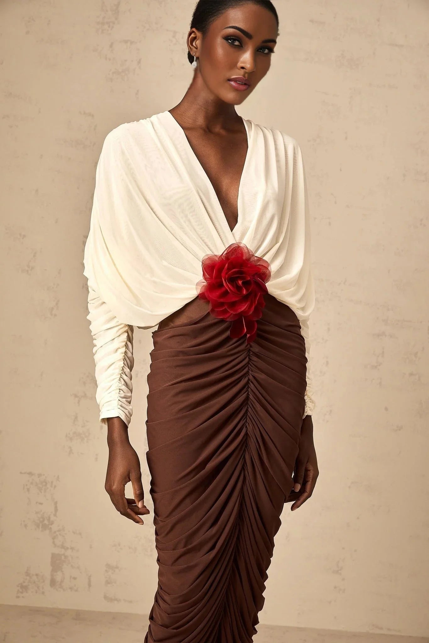 Elizabeth Midi Dress White Red Brown Color Blocked Flower Brooch Ruched