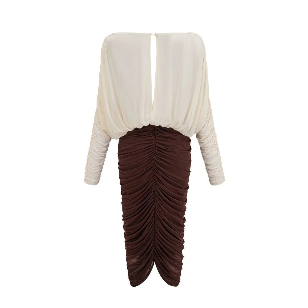 Elizabeth Midi Dress White Red Brown Color Blocked Flower Brooch Ruched