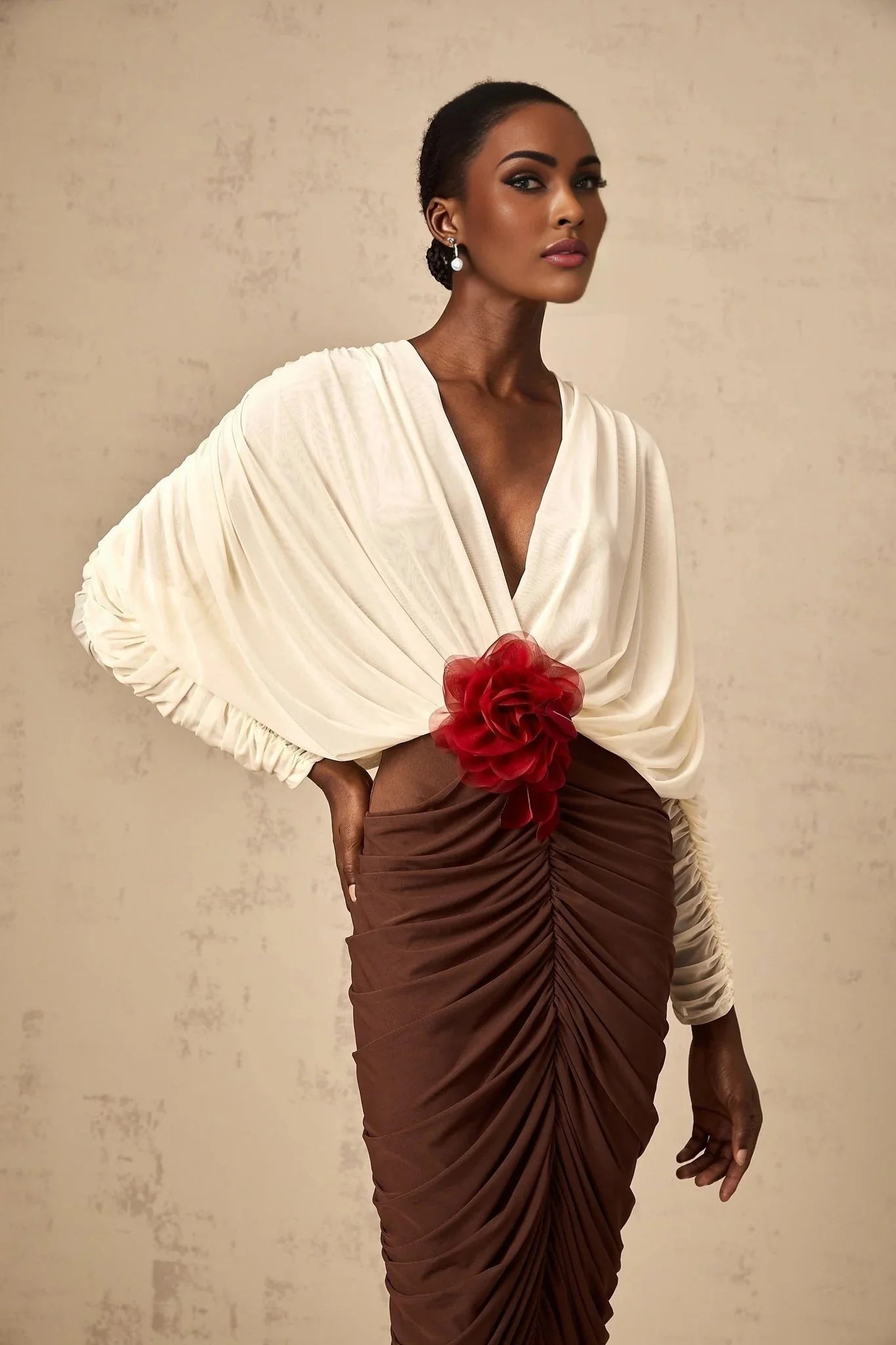 Elizabeth Midi Dress White Red Brown Color Blocked Flower Brooch Ruched