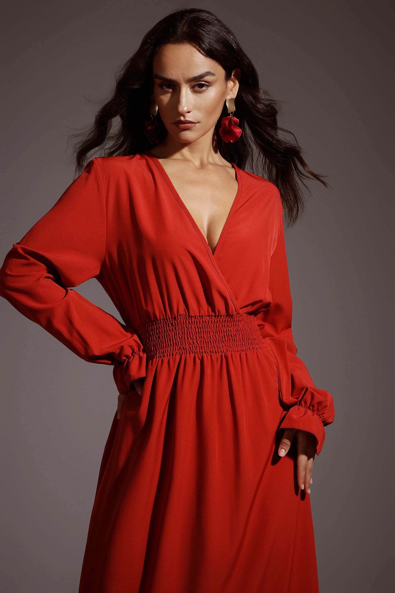Elizabeth Red V-Neckline Smocked Waist Long Sleeve Dress