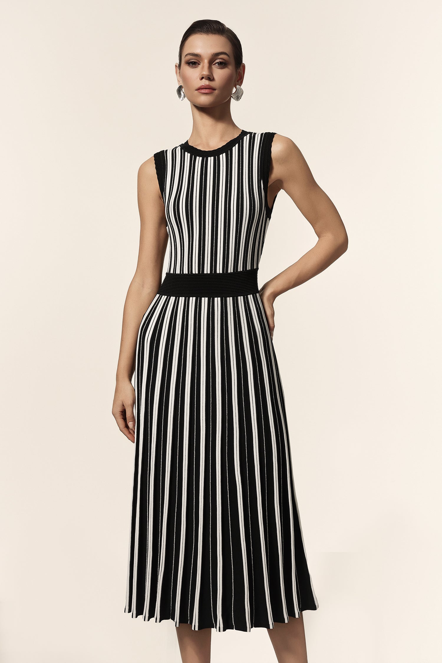 Ella Black Vertical Stripe Sleeveless Midi Dress