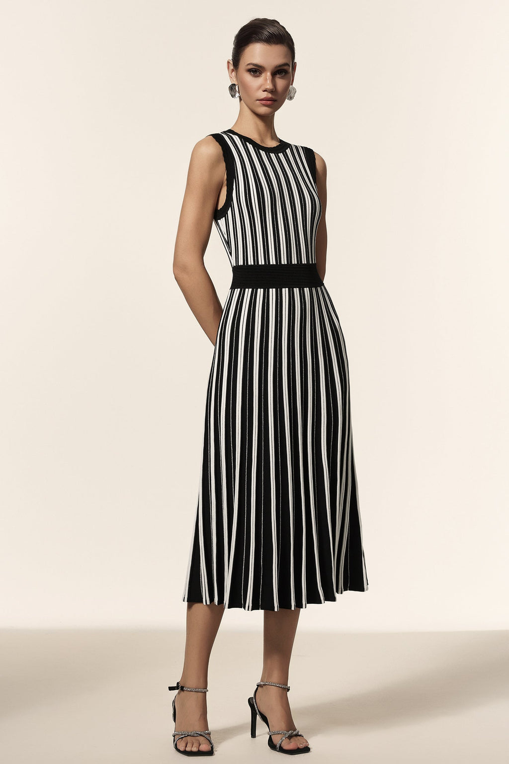 Ella Black Vertical Striped Sleeveless Midi Dress