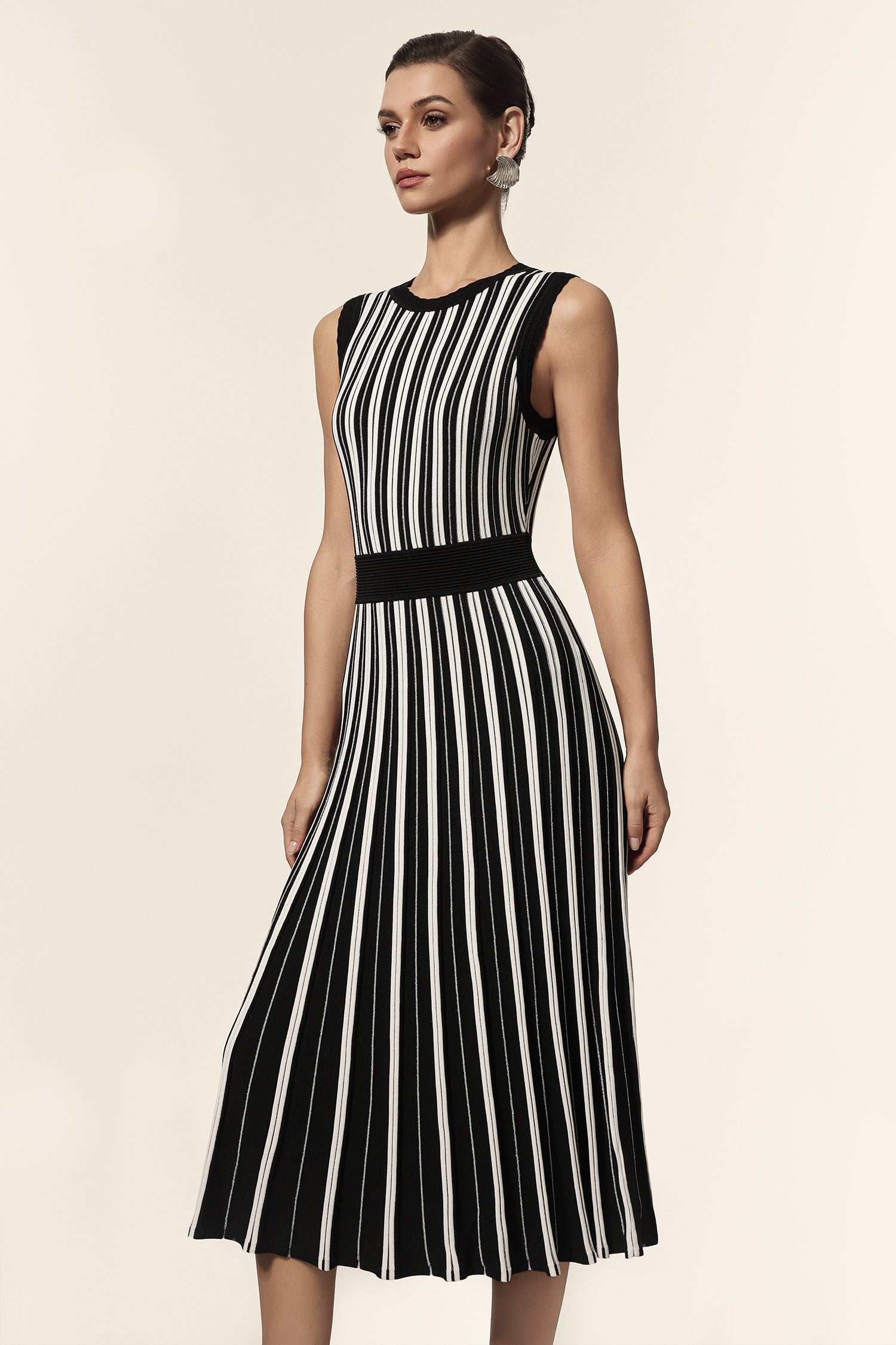 Ella Black Vertical Striped Sleeveless Midi Dress