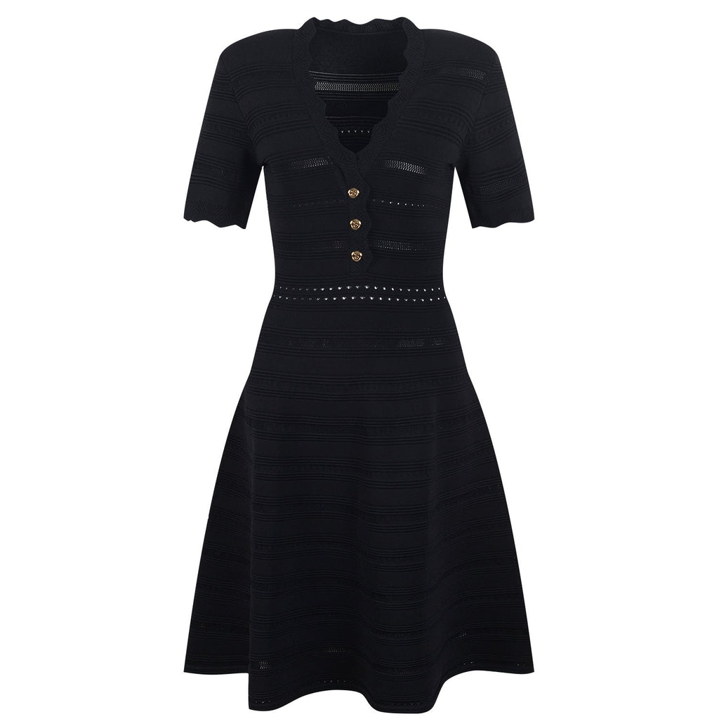 Ella Dress - A - Line Silhouette - Scalloped Neckline - Textured Striped Knitted Fabric - Decorative Button Detail
