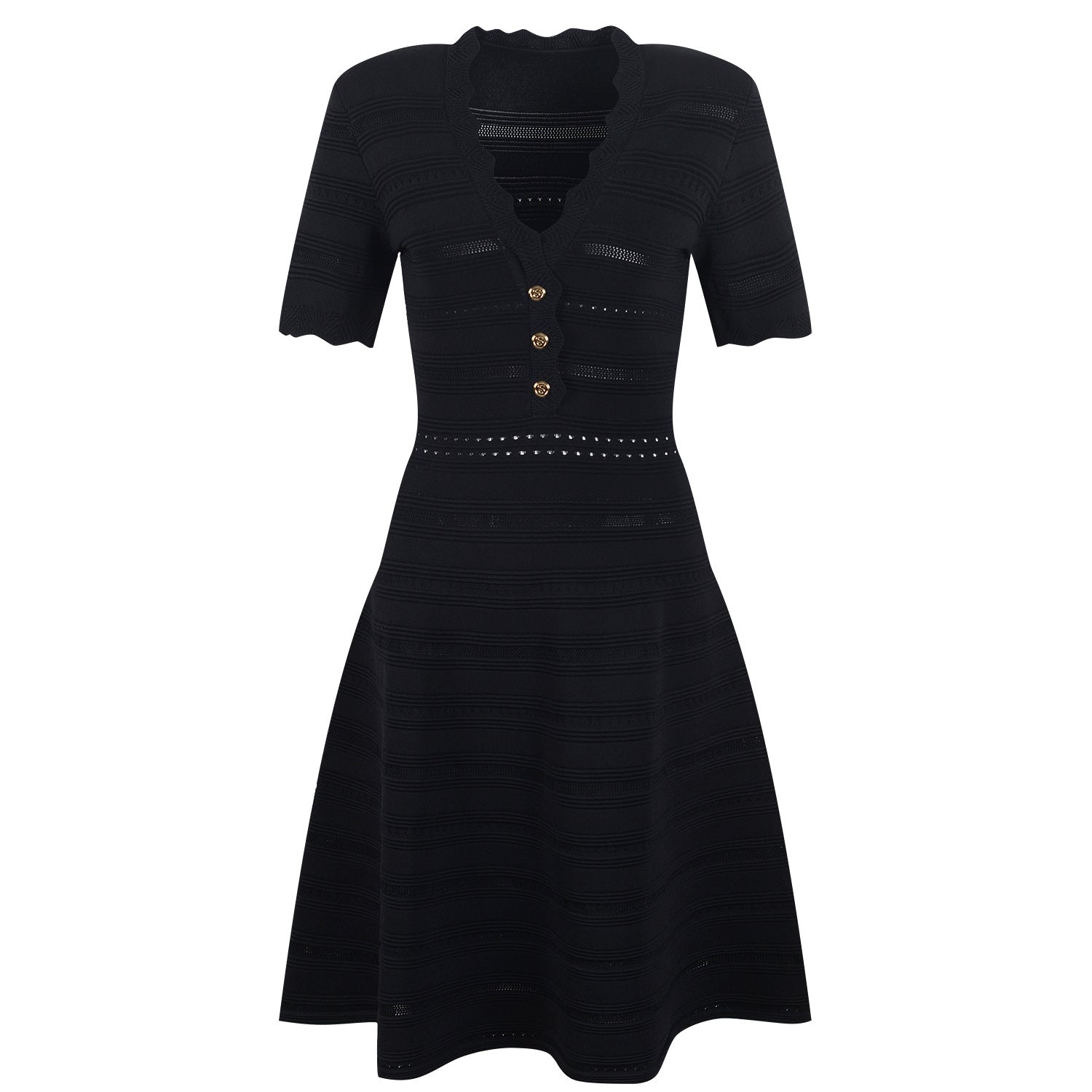 Ella Dress - A - Line Silhouette - Scalloped Neckline - Textured Striped Knitted Fabric - Decorative Button Detail