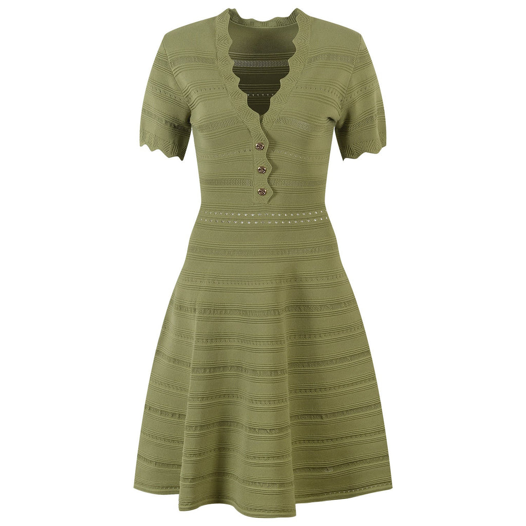Ella Dress - A - Line Silhouette - Scalloped Neckline - Textured Striped Knitted Fabric - Decorative Button Detail