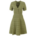 Ella Dress - A - Line Silhouette - Scalloped Neckline - Textured Striped Knitted Fabric - Decorative Button Detail