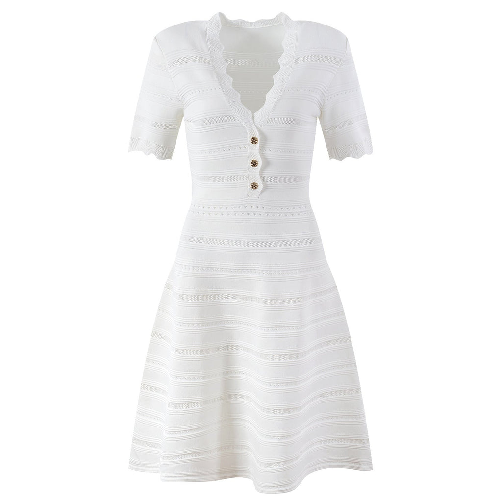 Ella Dress - A - Line Silhouette - Scalloped Neckline - Textured Striped Knitted Fabric - Decorative Button Detail