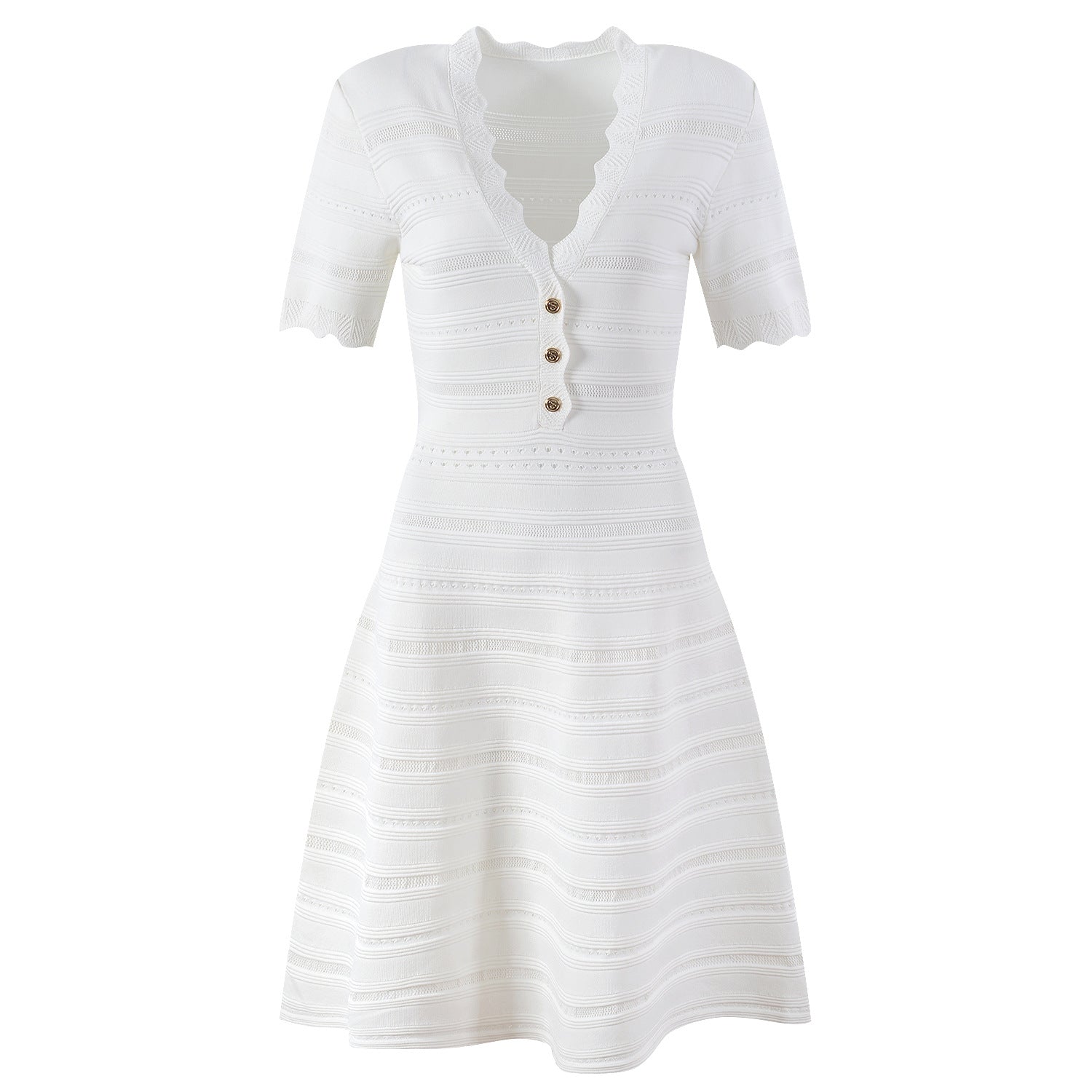Ella Dress - A - Line Silhouette - Scalloped Neckline - Textured Striped Knitted Fabric - Decorative Button Detail