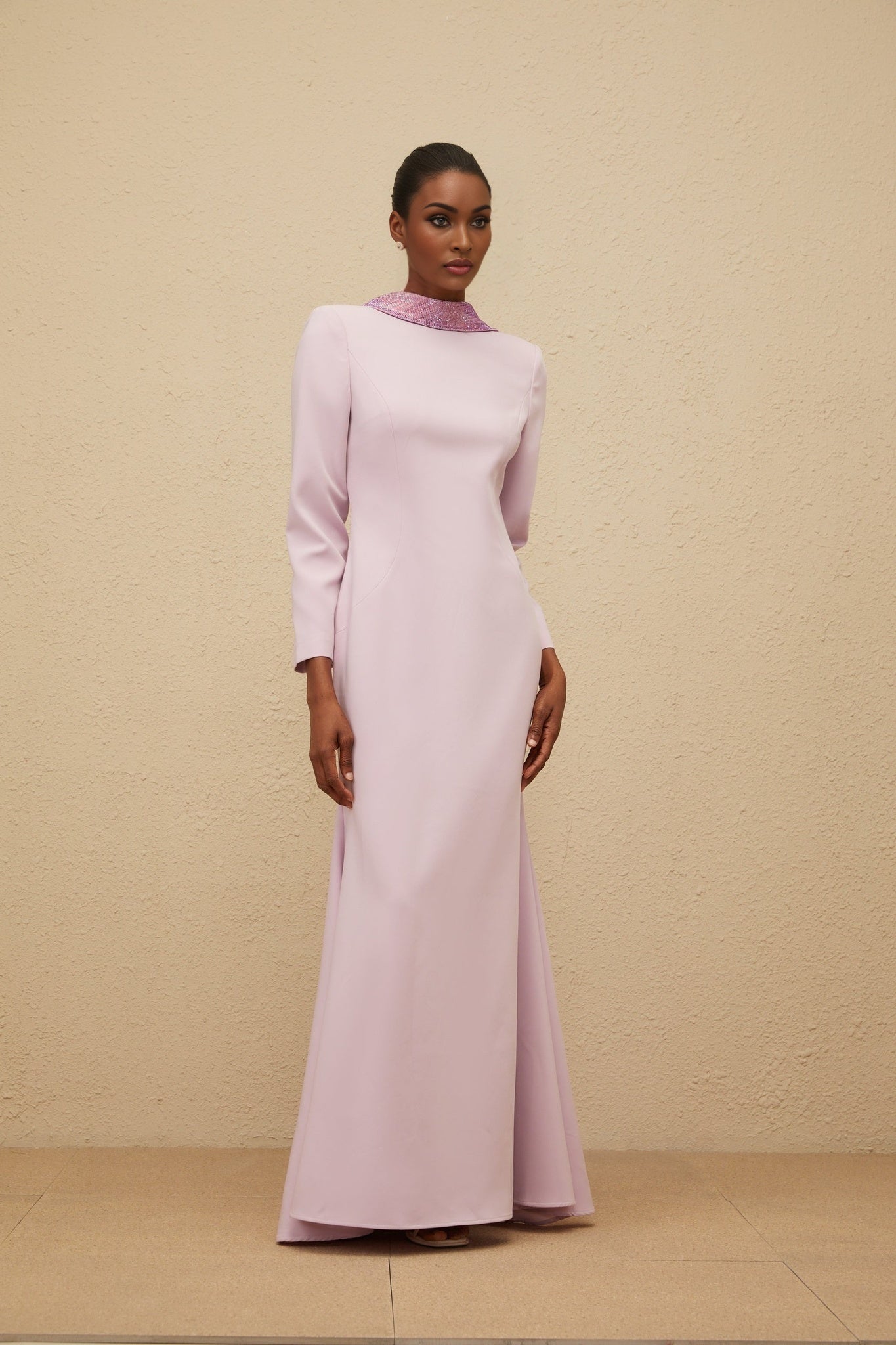 Ella Gown - Mock Neck - Open Back - Faux - Flower Detailing - Rhinestone Embellishment - Flared Hem