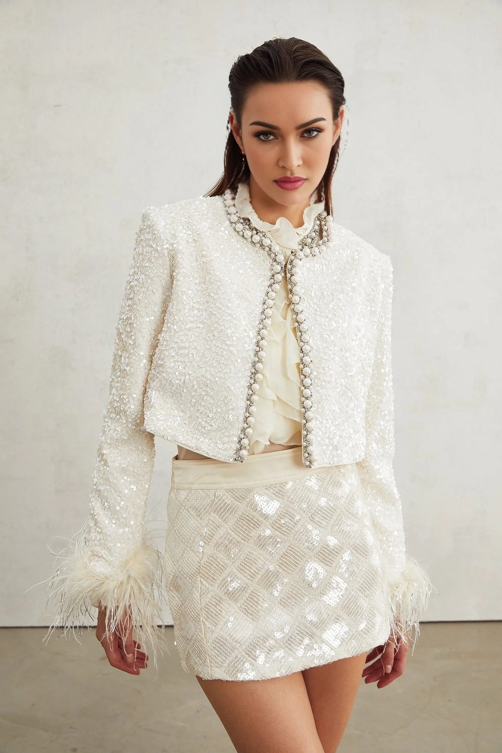 Ella Jacket - Round Neck - Long Sleeves - Tassel Cuffs - Faux - Pearl & Sequin Embellishment