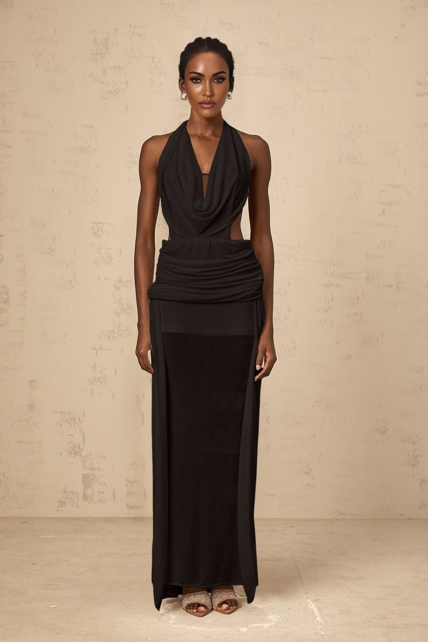 Ella Maxi Dress - Halterneck Style - Plunging V - Neck - Open Back - Ruched Detailing
