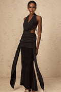Ella Maxi Dress - Halterneck Style - Plunging V - Neck - Open Back - Ruched Detailing