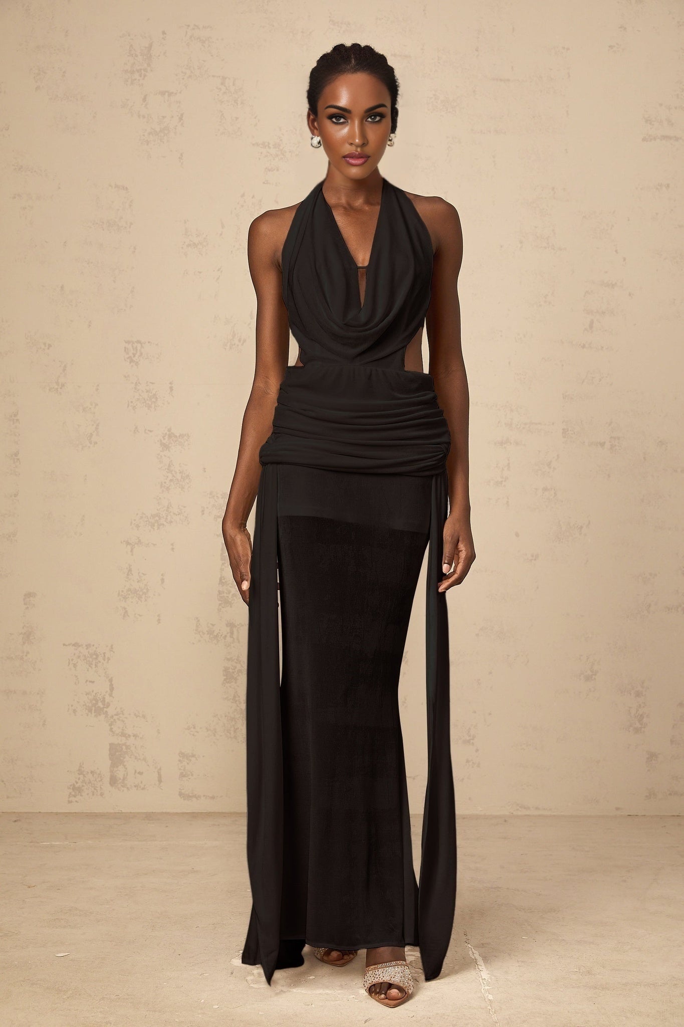 Ella Maxi Dress - Halterneck Style - Plunging V - Neck - Open Back - Ruched Detailing