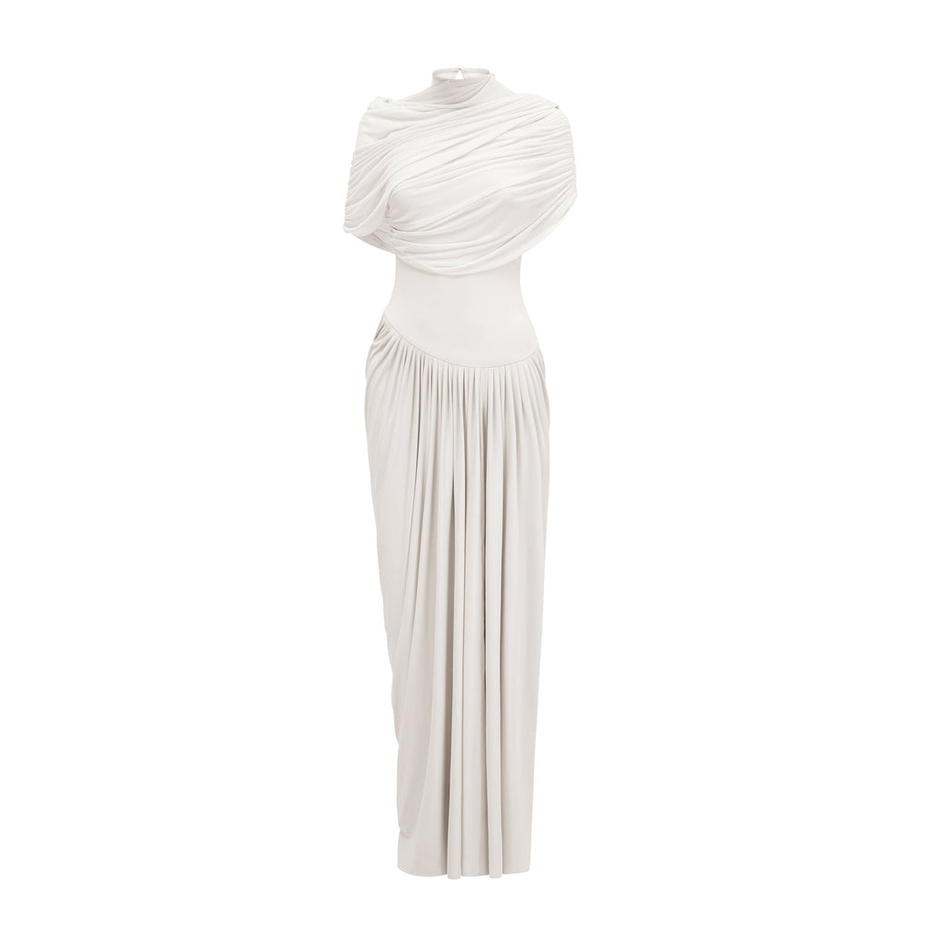 Ella Maxi Dress - Sleeveless Asymmetric Cut - Pleated Design - Shawl Feature - Floor Length