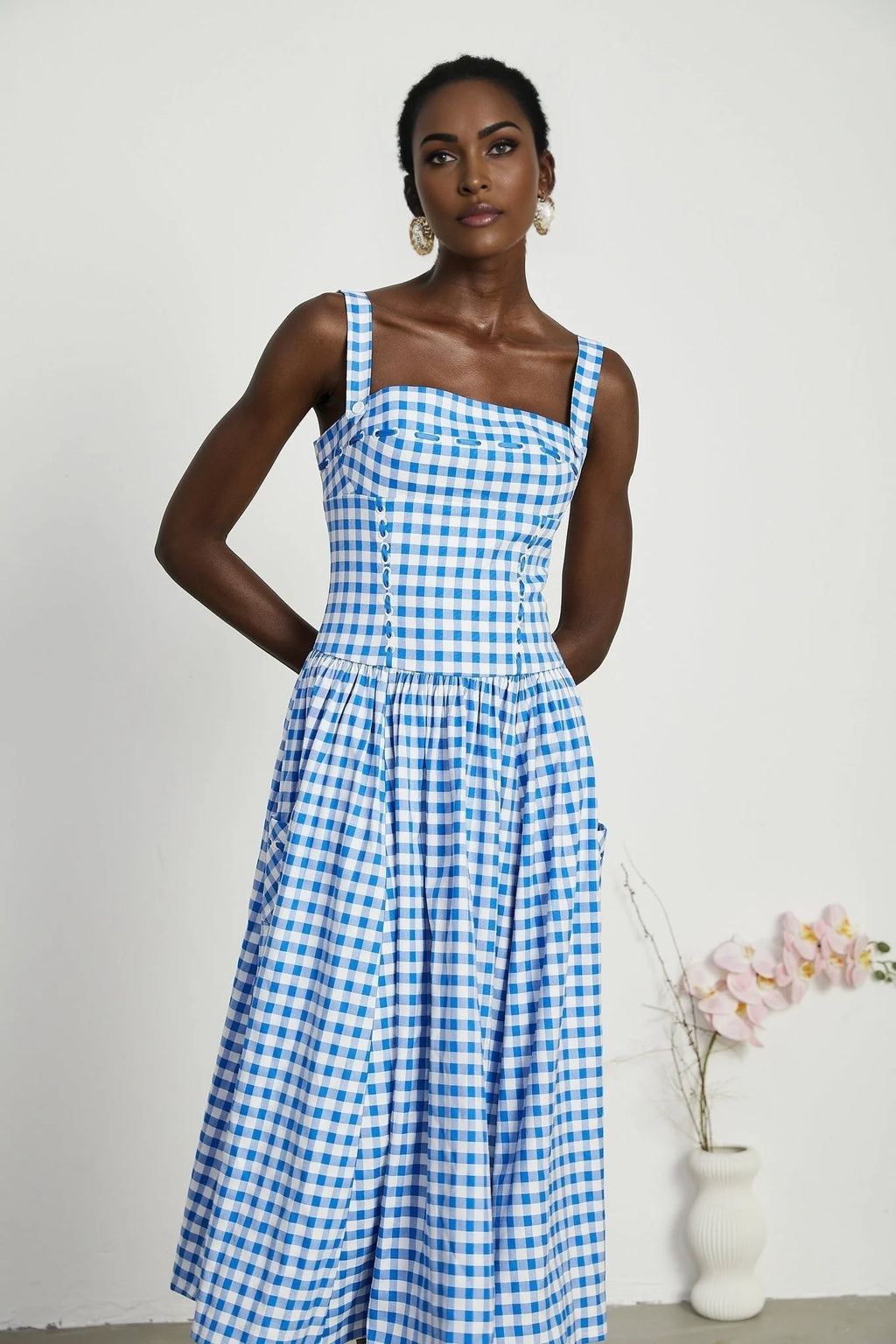 Ella Midi Dress - Square Neck - Gingham Print - Ribbon Detailing - Welt Pockets - Rear Zip