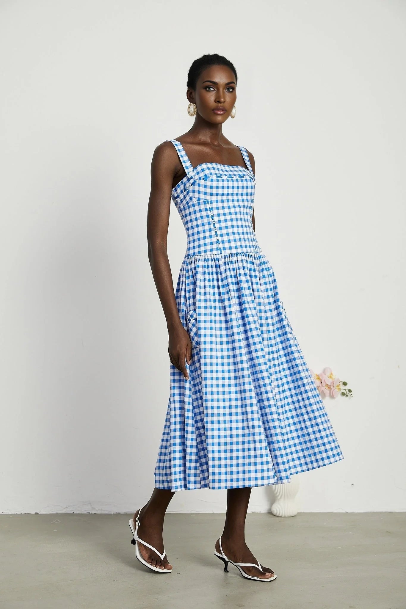 Ella Midi Dress - Square Neck - Gingham Print - Ribbon Detailing - Welt Pockets - Rear Zip