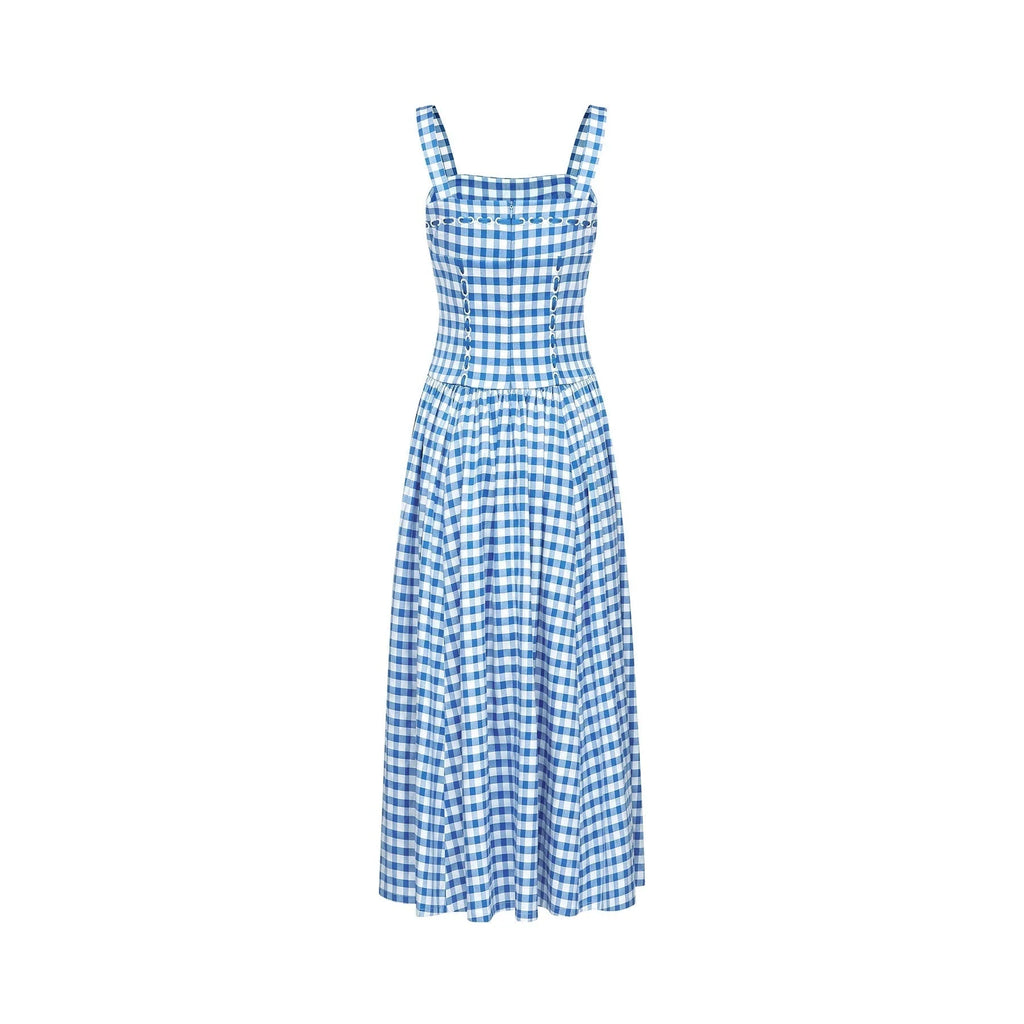 Ella Midi Dress - Square Neck - Gingham Print - Ribbon Detailing - Welt Pockets - Rear Zip
