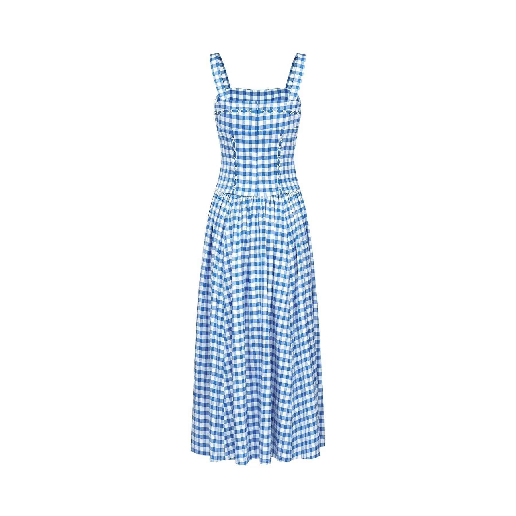 Ella Midi Dress - Square Neck - Gingham Print - Ribbon Detailing - Welt Pockets - Rear Zip