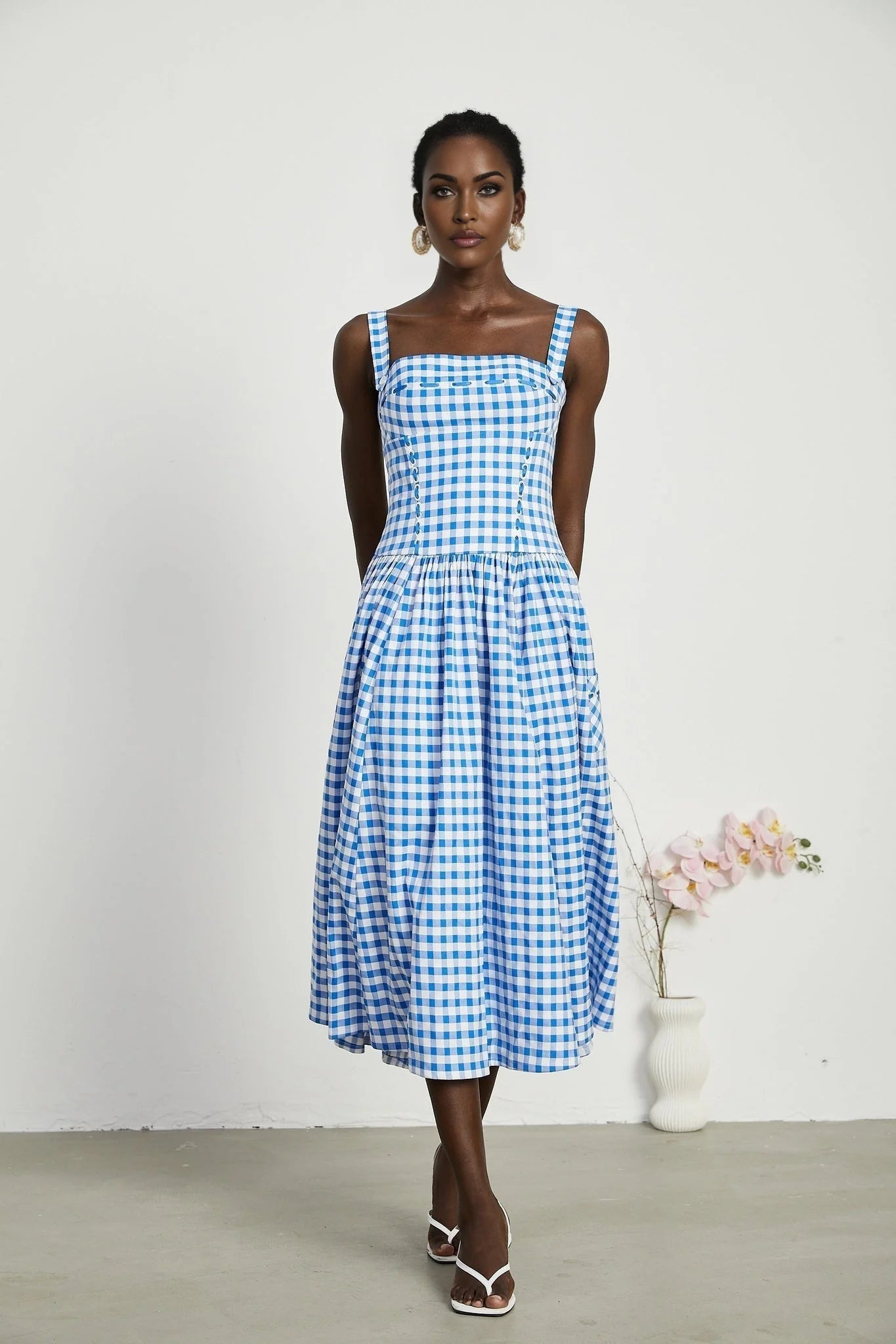 Ella Midi Dress - Square Neck - Gingham Print - Ribbon Detailing - Welt Pockets - Rear Zip
