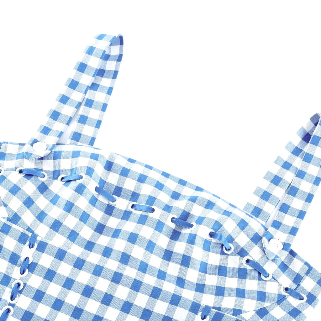 Ella Midi Dress - Square Neck - Gingham Print - Ribbon Detailing - Welt Pockets - Rear Zip