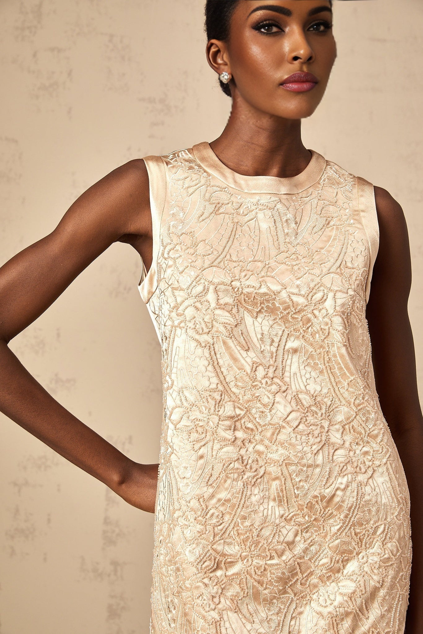 Ella Mini Dress - Sleeveless Design - Intricate Bead Embellishment - Flower Appliqu Detail - Thigh Length Hemline