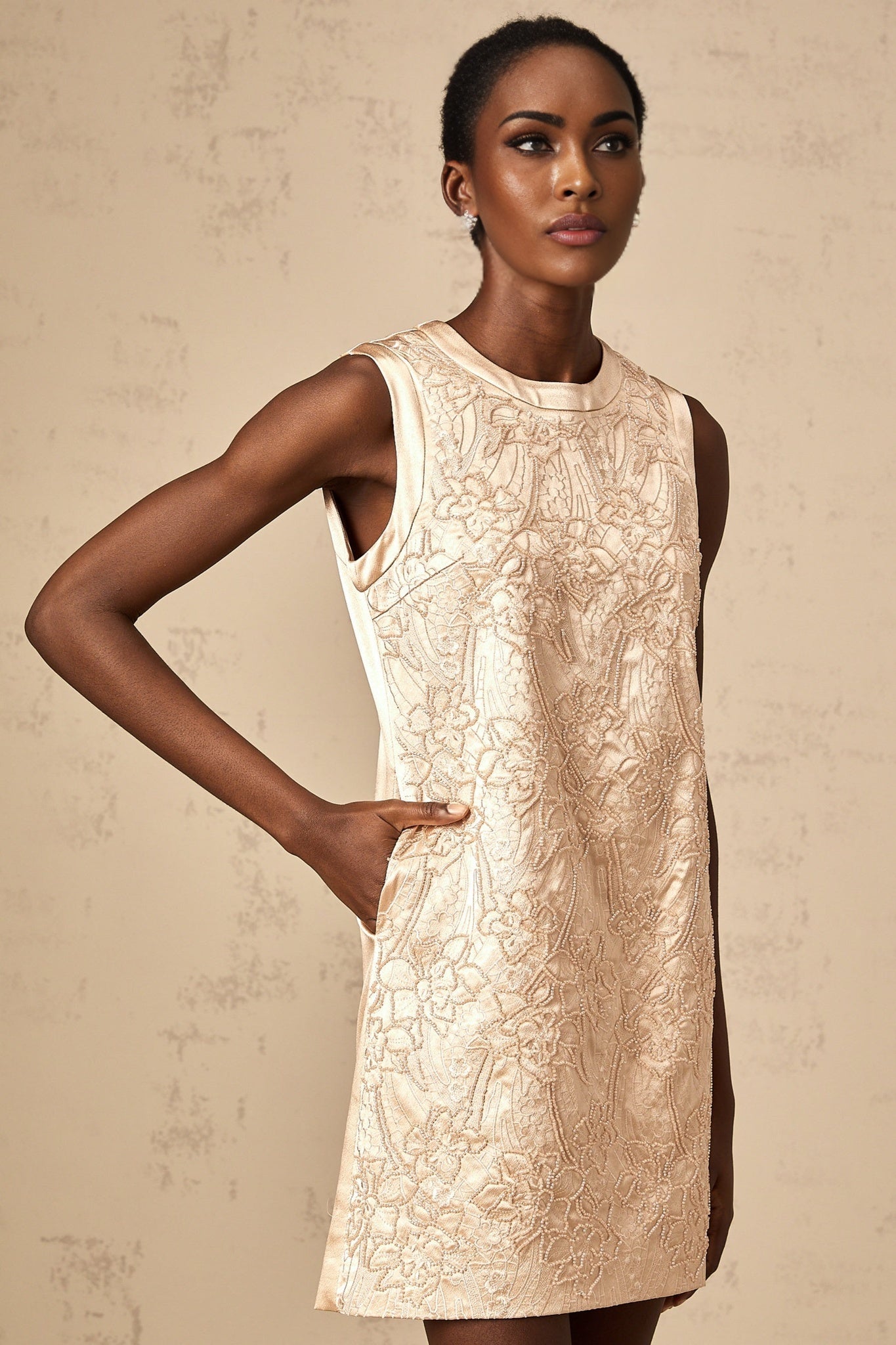 Ella Mini Dress - Sleeveless Design - Intricate Bead Embellishment - Flower Appliqu Detail - Thigh Length Hemline