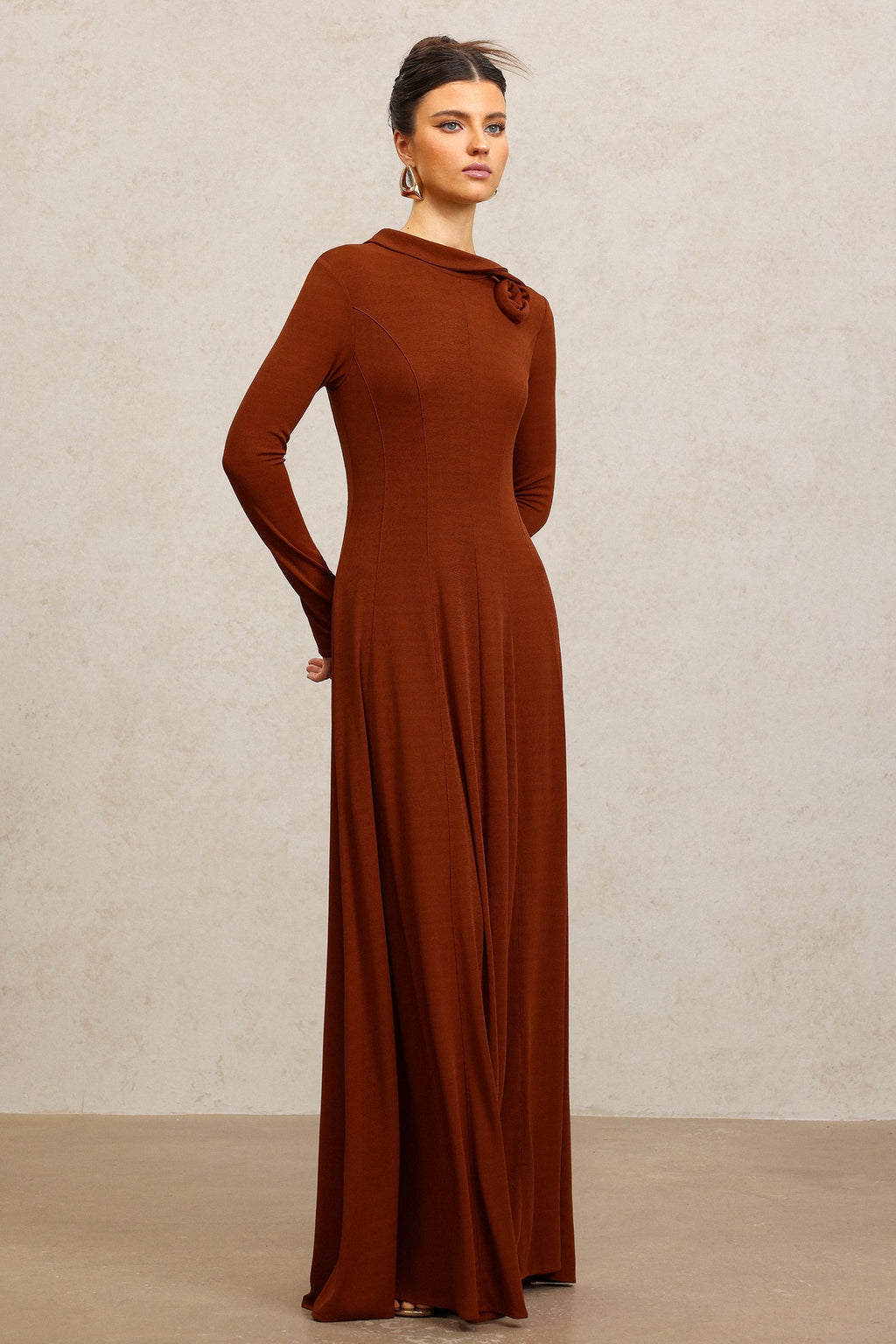 Ellie Brown Long Sleeve Maxi Dress with Floral Embellishment